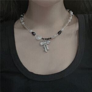Silver Bow Knot Beaded Faux Pearls Pendant Necklace Boho Chic Artsy